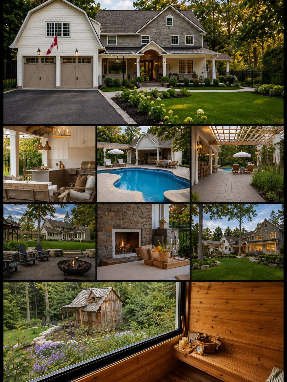 Collage d’une maison sur mesure de Top Grade Enterprises : extérieur, piscine, foyer, sauna et intérieurs