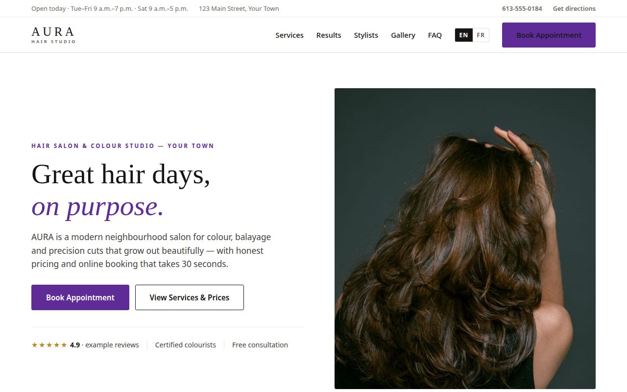 Screenshot of the AURA salon website design